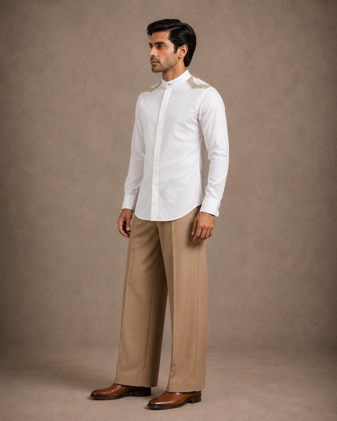 White Mandarian Collar Shirt with Embroidered Shoulder