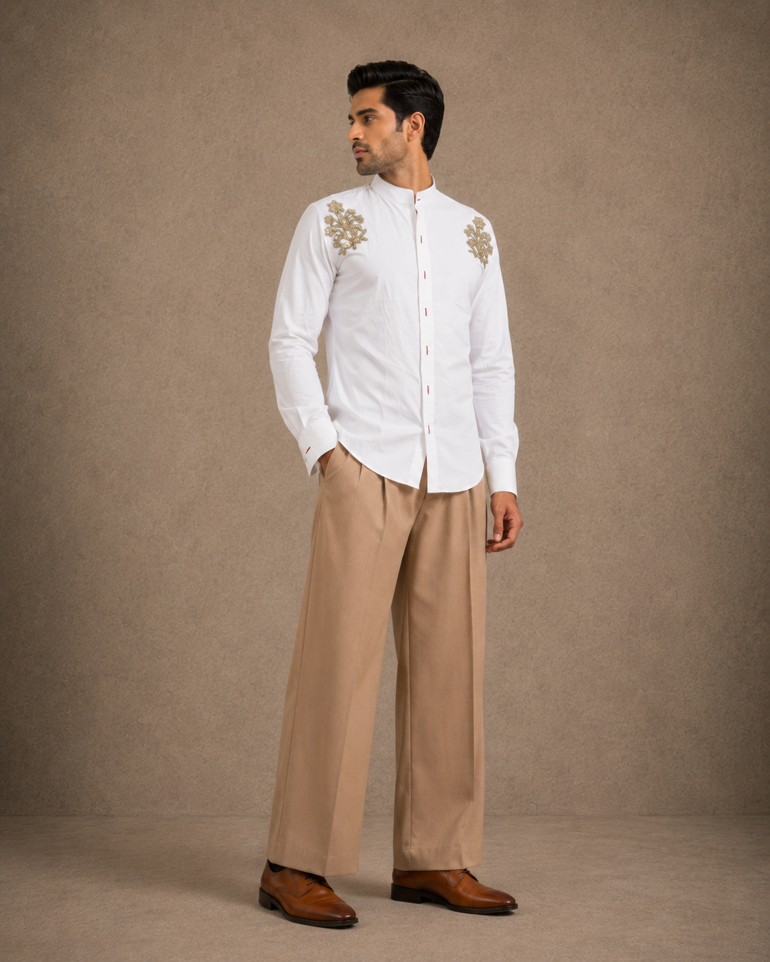 White Shirt with Golden Boota Embroidered Shoulders