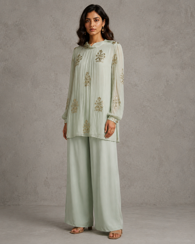 IHSAR Mint Green Sequins Georgette Top in Mint Green – side view