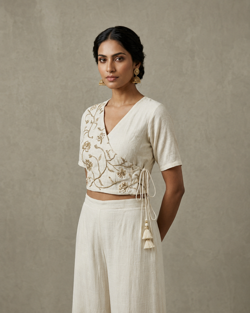 IHSAR Angrakha Sequins Crop Blouse in Off-White – side view