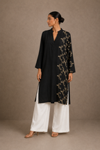 Black  Embroidered Long Kurta with White Palazzo Set