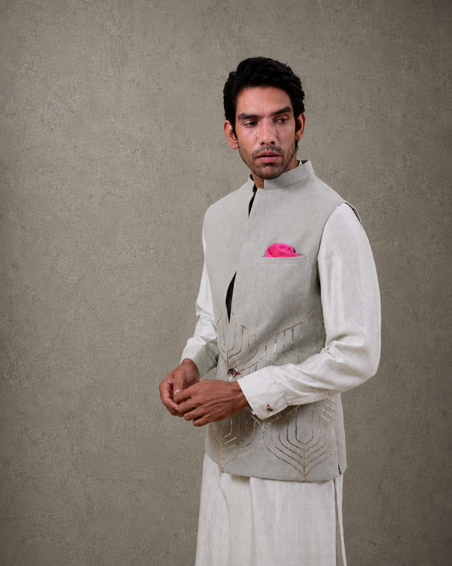 IHSAR Powder Blue Nehru Jacket in Powder Blue – side view