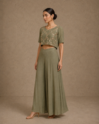Olive Green Sequin Embroidered Crop Top & Palazzo Pants Co-ord Set