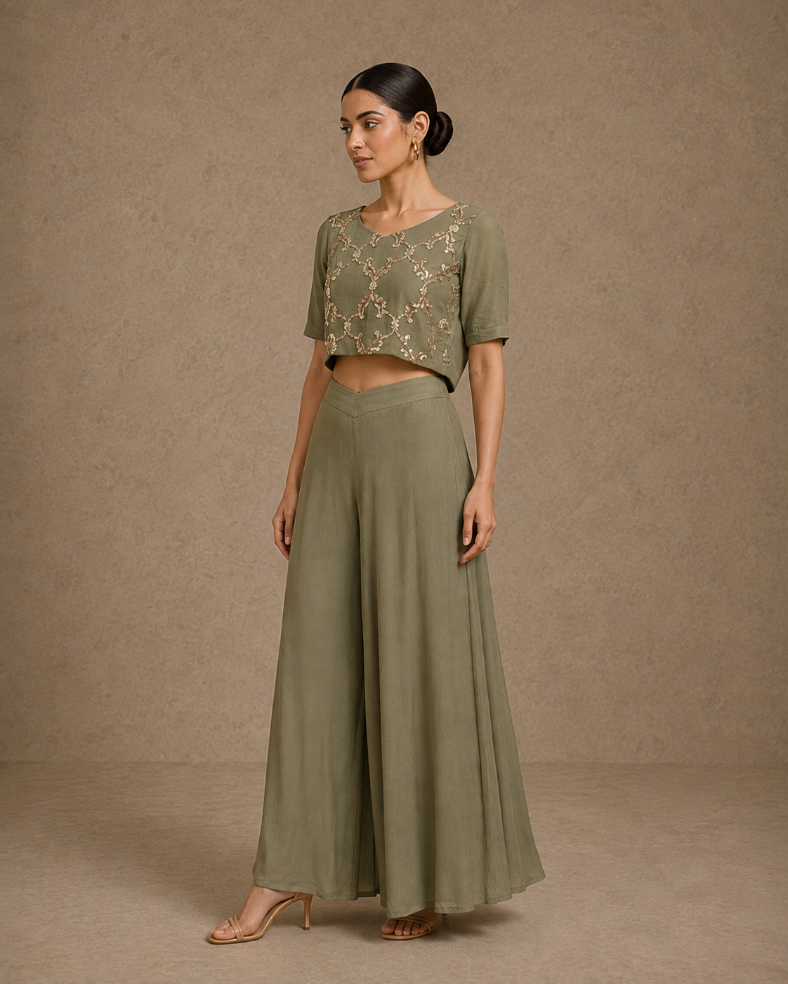 Olive Green Sequin Embroidered Crop Top & Palazzo Pants Co-ord Set