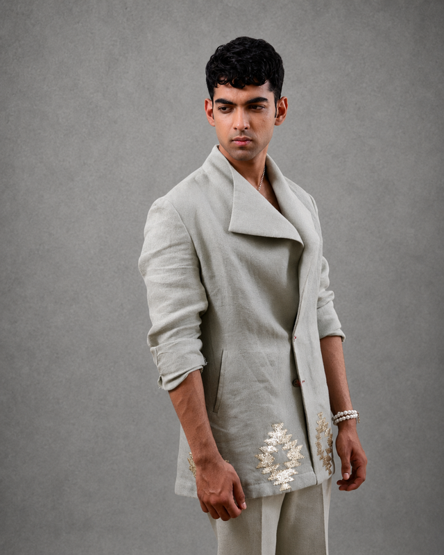 IHSAR Powder Blue Straight-Leg Trousers in Powder Blue – trousers with gold sequin embroidery
