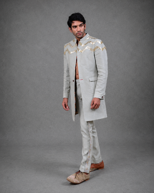 IHSAR Asymmetrical Blazer Trouser Set in Powder Blue – side view