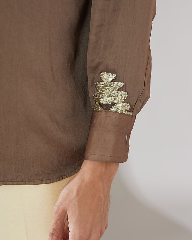 IHSAR Taupe Sequins Mandarin Collar Shirt in Taupe – side view