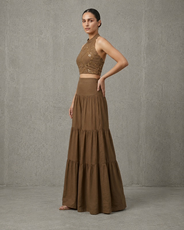 IHSAR Mehendi Brown Garara Set in Mehendi Brown – side view
