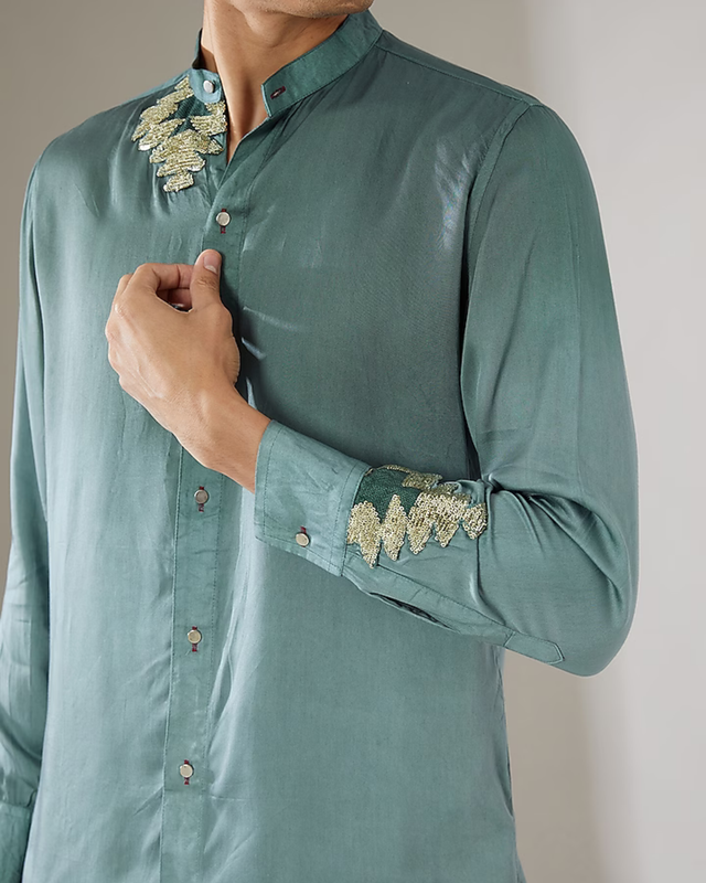 IHSAR Steel Blue Ombre Mandarin Collar Shirt in Steel Blue – side view