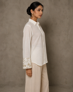 IHSAR Off White Sheer Sleeve Sequins Shirt in Off-White – side view