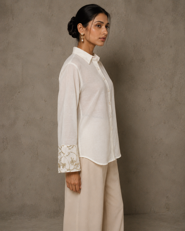 IHSAR Off White Sheer Sleeve Sequins Shirt in Off-White – side view