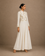 Ivory White Embroidered Anarkali Gown with Mandarin Collar
