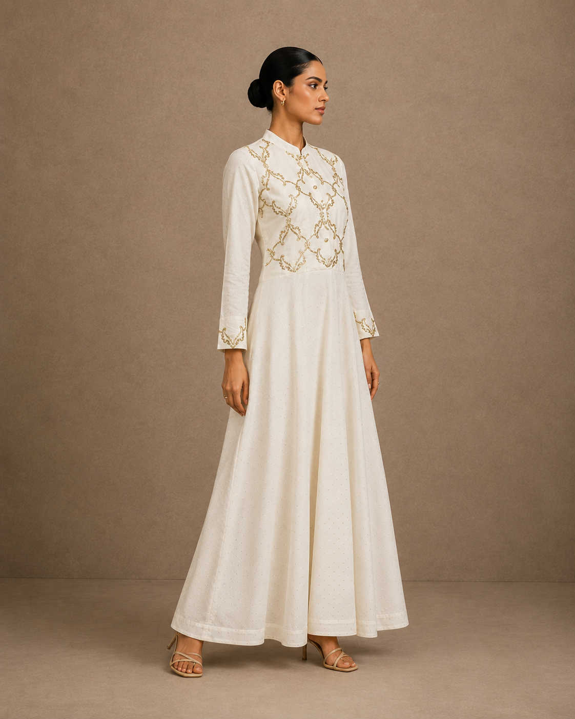 Ivory White Embroidered Anarkali Gown with Mandarin Collar