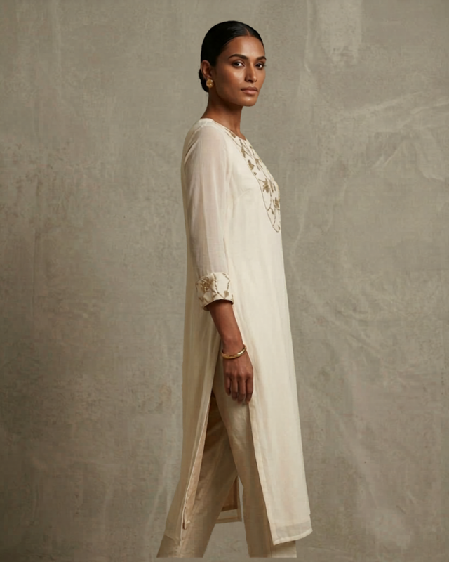 IHSAR Off White Long Kurta in Off-White – side view