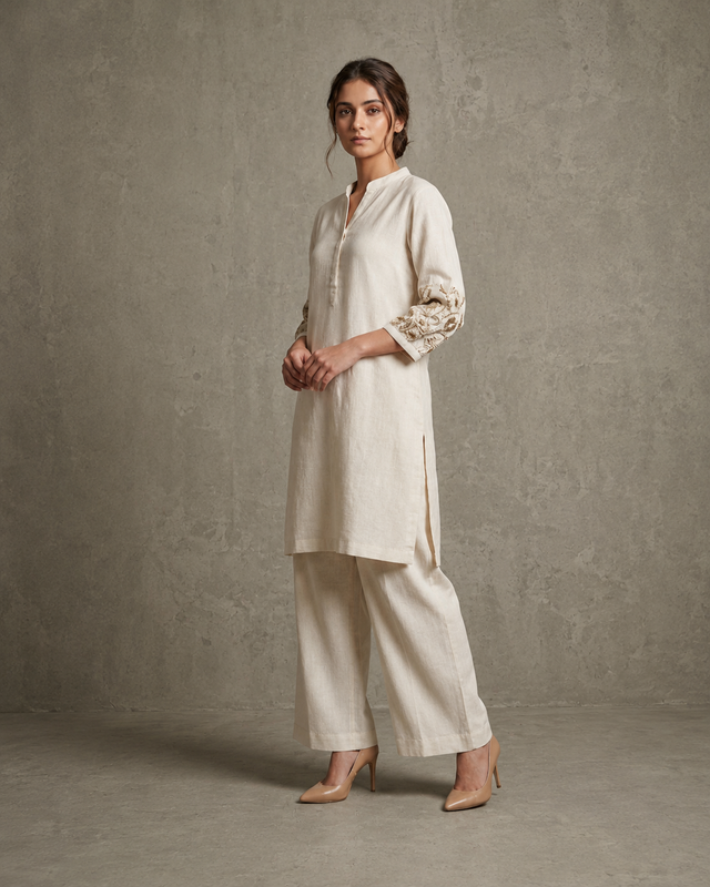 IHSAR Off White Kurta With Sequins Sleeves in Off-White – side view