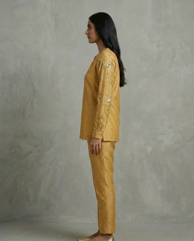 IHSAR Honey Gold V Neck Silk Chanderi Top in Mustard – side view