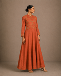Rust Orange Embroidered Anarkali Gown with Mandarin Collar