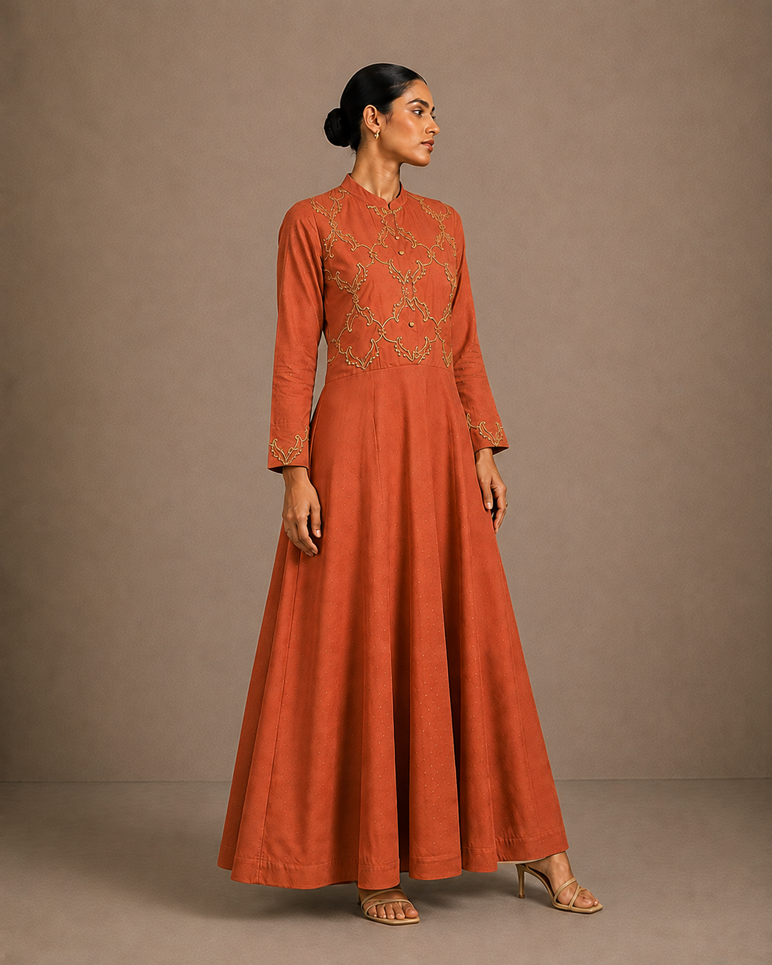 Rust Orange Embroidered Anarkali Gown with Mandarin Collar