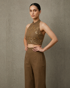 IHSAR Halter Neck Mehendi Brown Top Cum Blouse in Mehendi Brown – side view