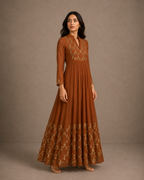 Rust Brown Sequin Embroidered Anarkali Gown with Sheer Sleeves