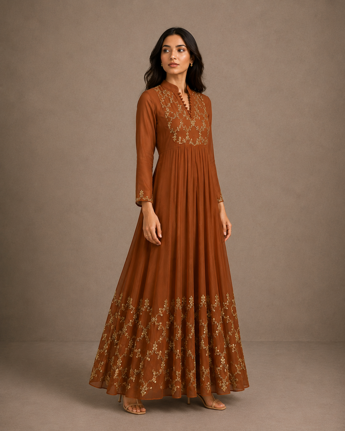Rust Brown Sequin Embroidered Anarkali Gown with Sheer Sleeves