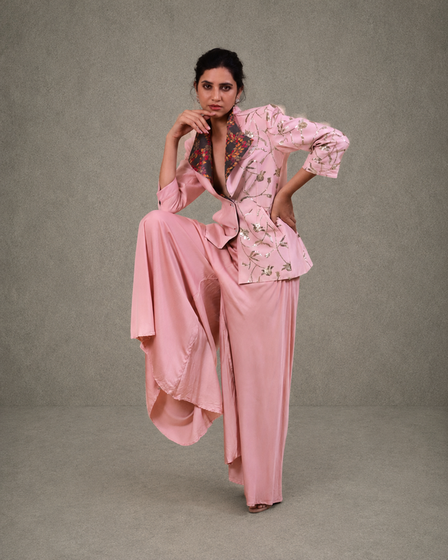IHSAR Pink Tailored Palazzo And Blazer Set in Baby Pink – side view