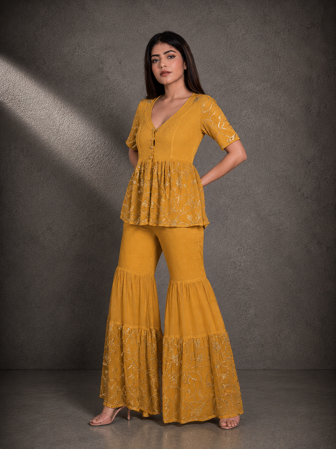 Mustard Yellow Sequin Embroidered Peplum Top with Sharara Pants Set