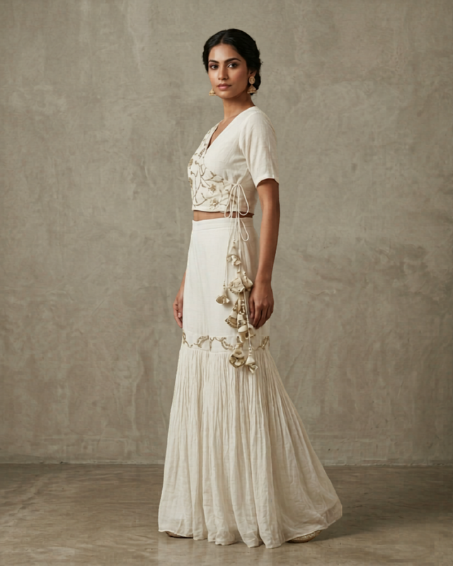 IHSAR White Angrakha Crop Top And Sharara Pant Set in Off-White – side view