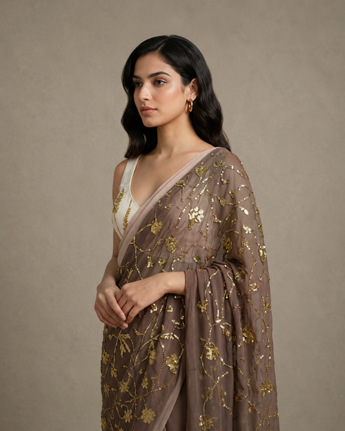 IHSAR Deep U Neck Sequin Blouse in Off-White – side view