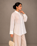 IHSAR Off White Sheer Button Down Shirt in Off-White – side view