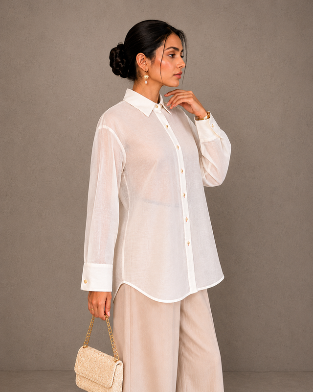 IHSAR Off White Sheer Button Down Shirt in Off-White – side view