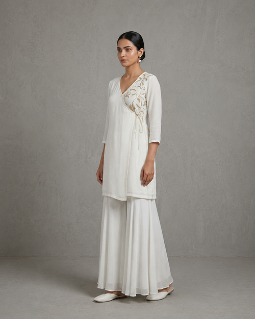 IHSAR Angrakha Sequins Wrap Kurta in Off-White – side view