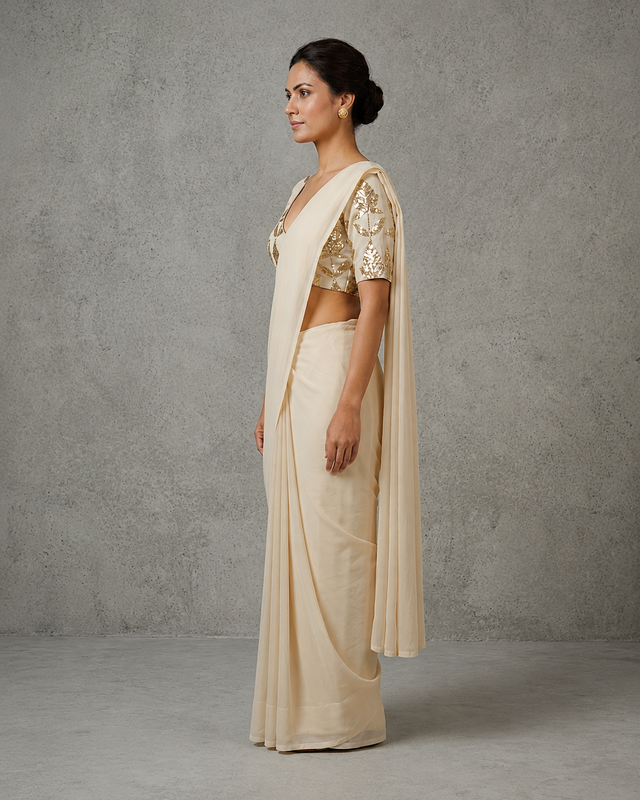 IHSAR Off White Deep Neck Blouse in Off-White – side view