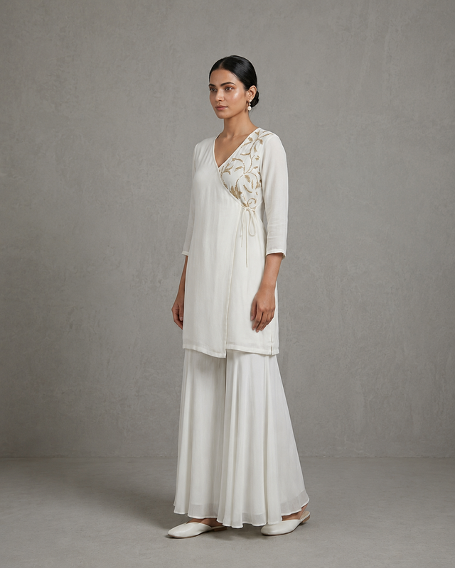 IHSAR Angrakha Sequins Wrap Kurta in Off-White – side view