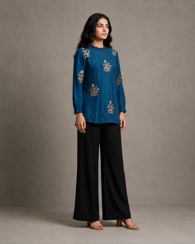 IHSAR Indigo Blue Sequins Top in Indigo Blue – side view