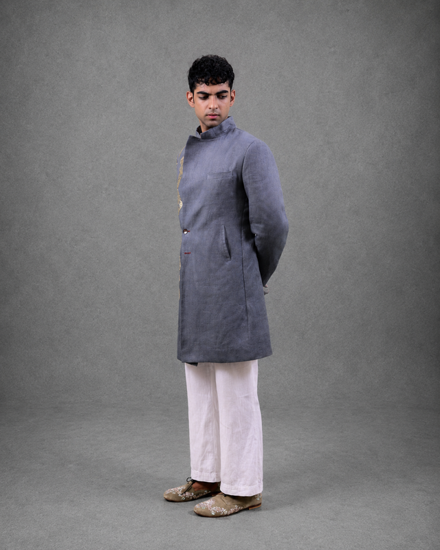 IHSAR Neo Trad Longline Achkan Coat in Slate Blue – side view