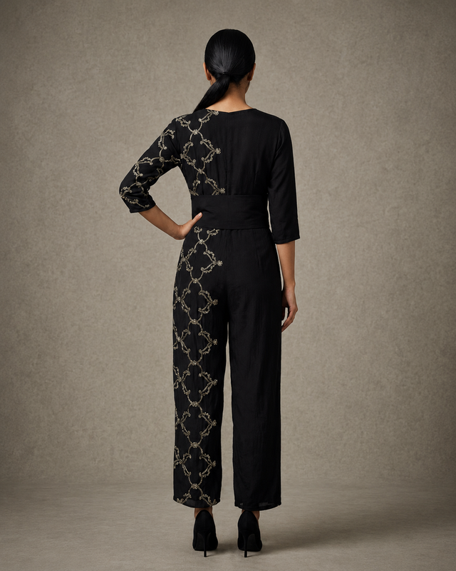 IHSAR Black Cocktail Jumpsuit in Black – back view