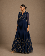 Navy Blue Sequin Embroidered Yok Anarkali Gown with Sheer Sleeves