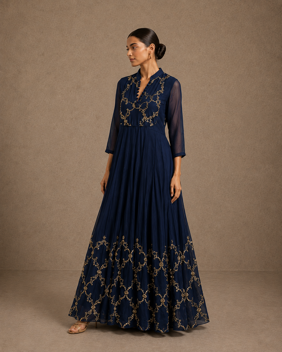 Navy Blue Sequin Embroidered Yok Anarkali Gown with Sheer Sleeves
