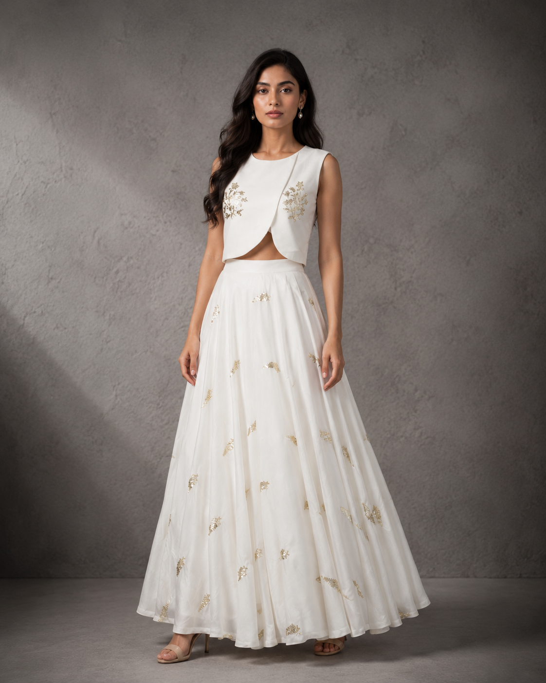 White Sequin Embroidered Crop Top with Flared Skirt Set