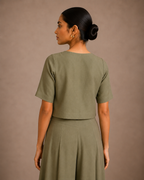Olive Green Sequin Embroidered Round Neck Crop Top