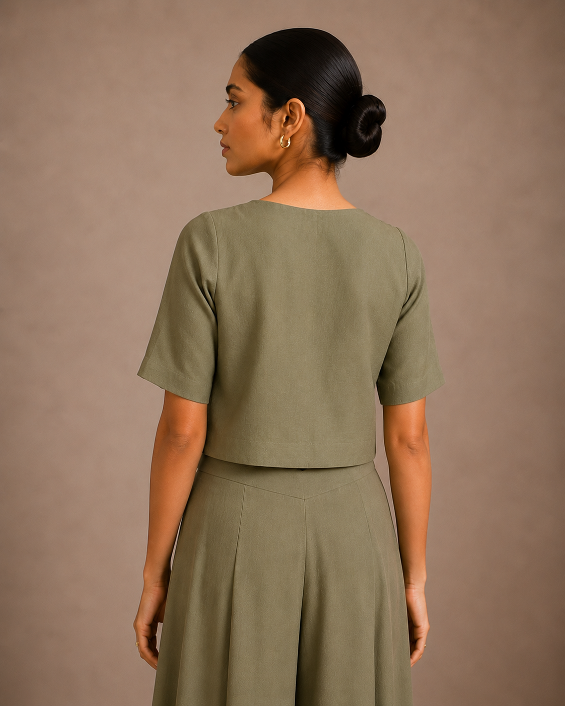 Olive Green Sequin Embroidered Round Neck Crop Top