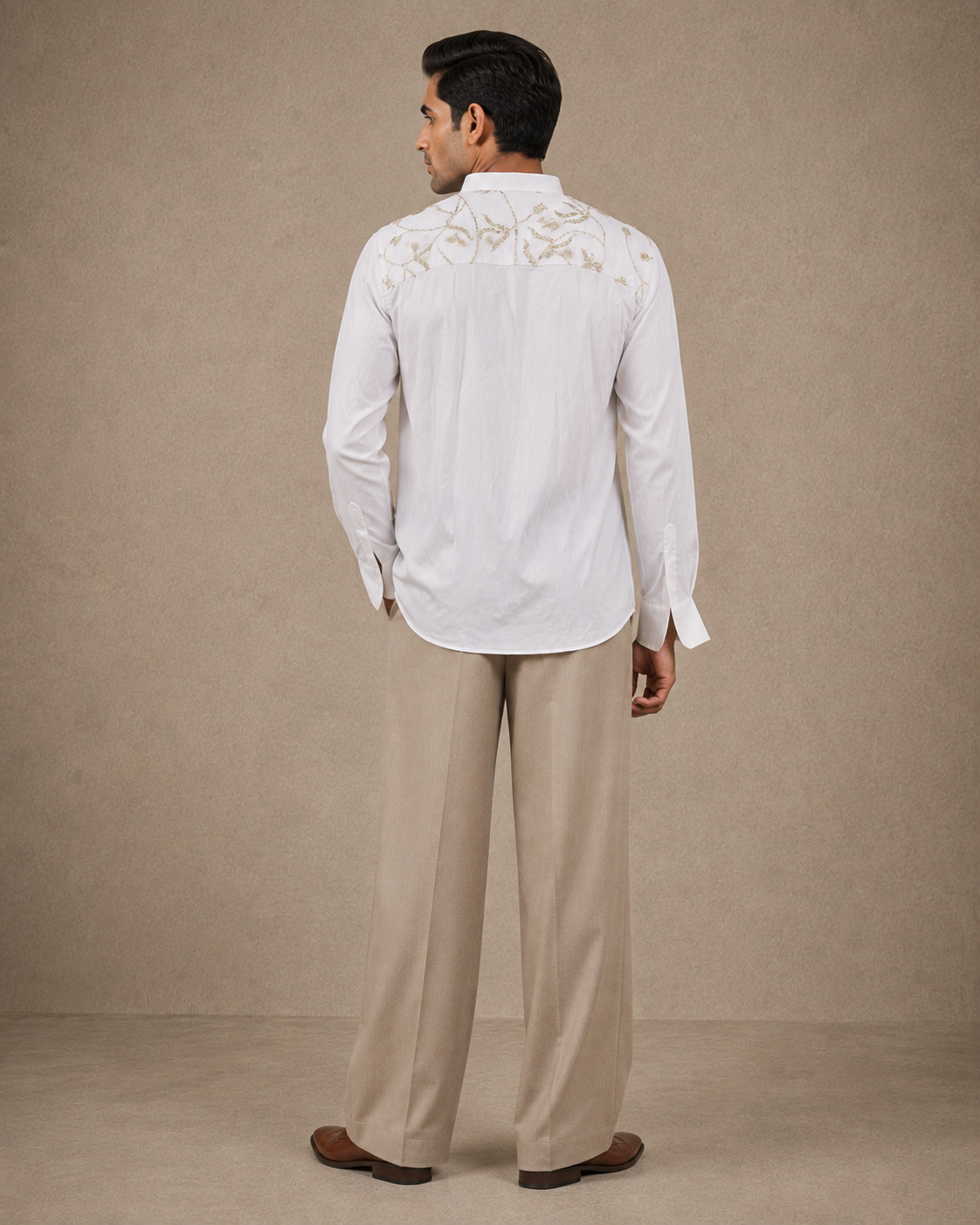 White Embroidered Mandarin Collar Shirt With Work At Back
