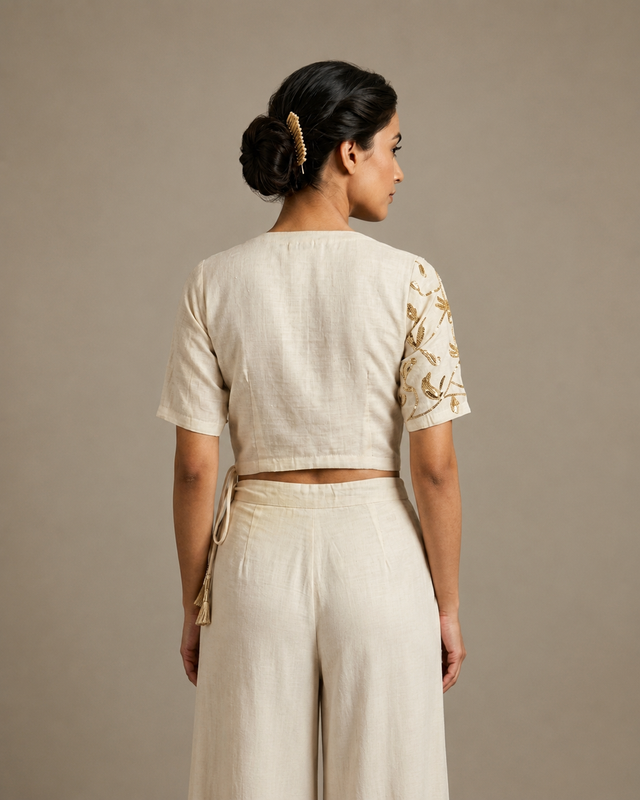IHSAR Angrakha Sequins Crop Blouse in Off-White – back view