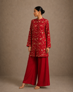 Red Floral Embroidered Long Shirt with Palazzo Pants Co-ord Set