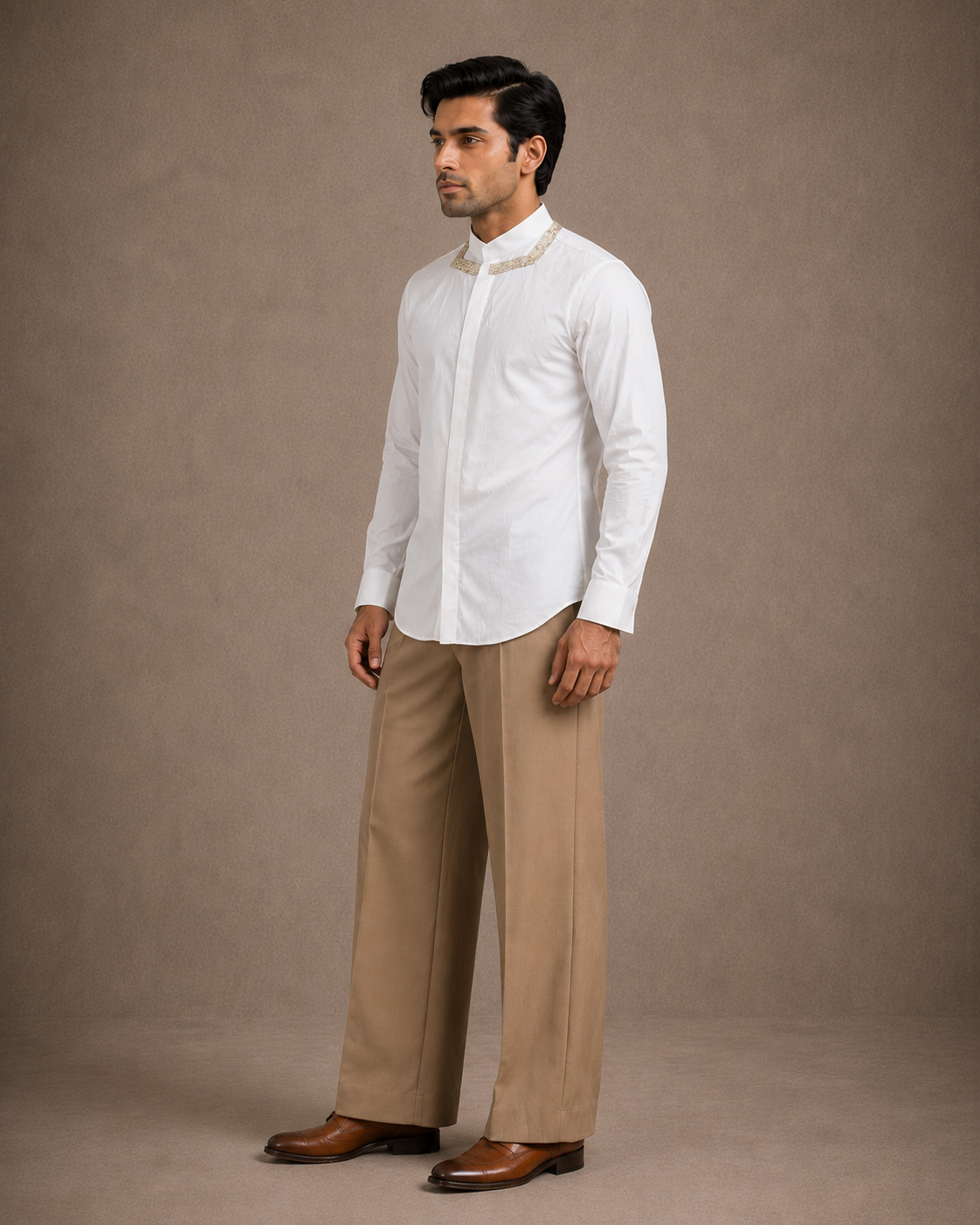 White Shirt with Embroidered Mandarin Collar