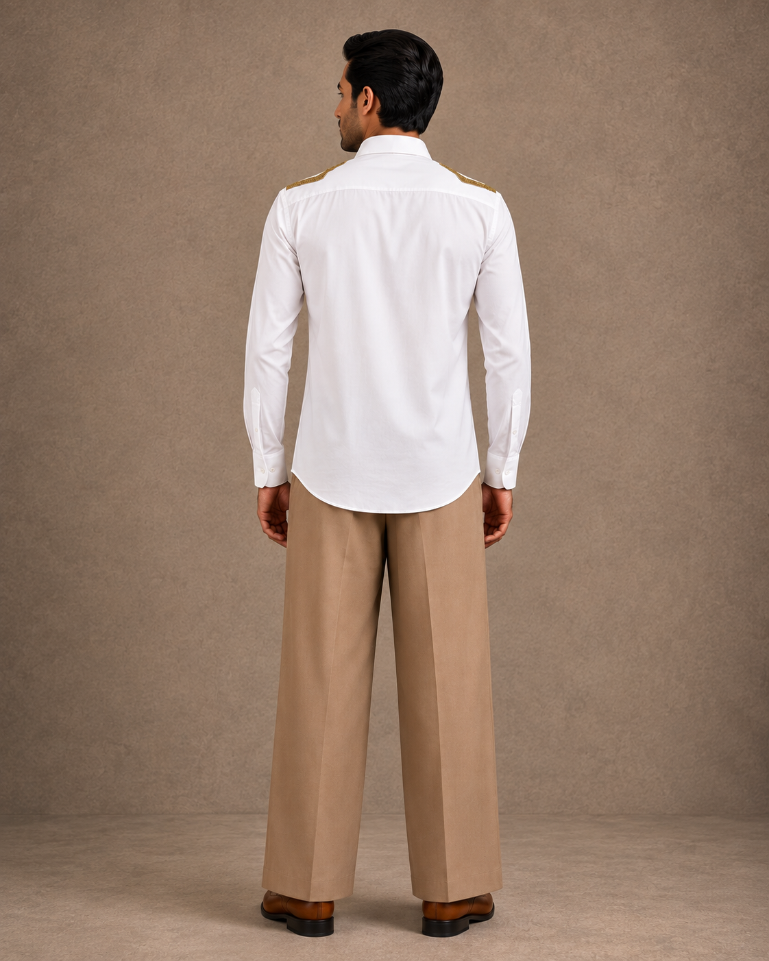 White Mandarian Collar Shirt with Embroidered Shoulder