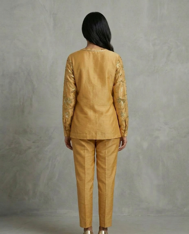 IHSAR Honey Gold V Neck Silk Chanderi Top in Mustard – back view