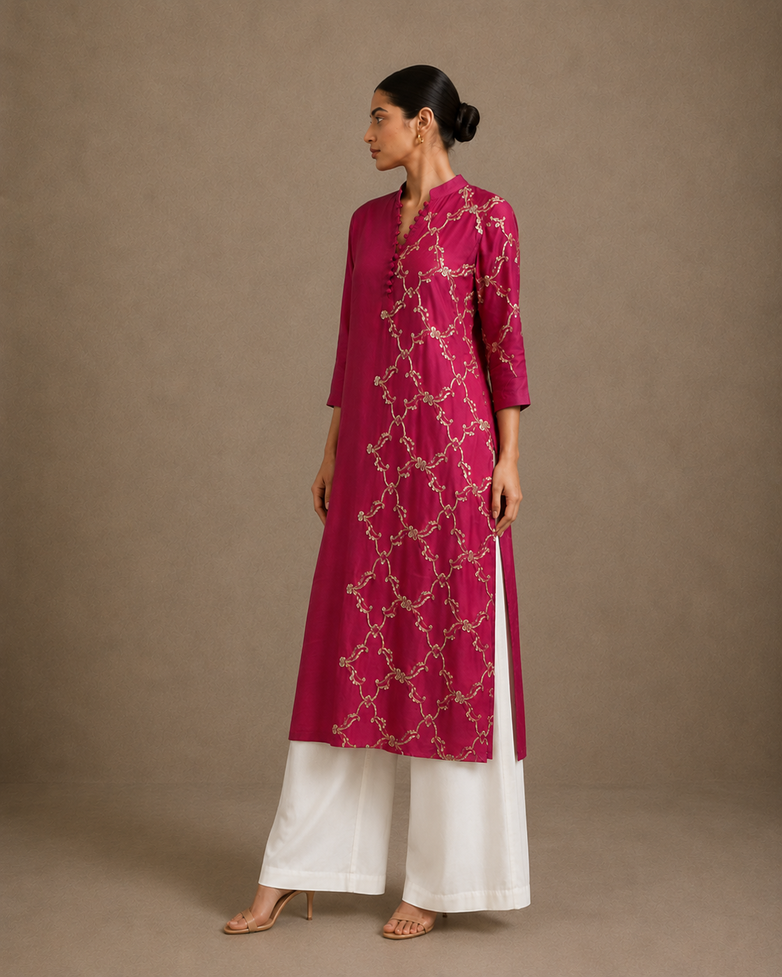 Pink Sequin Embroidered Long Kurta with White Palazzo Set