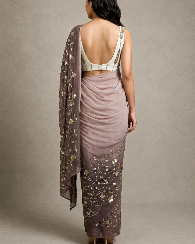 IHSAR Mauve Ombre Saree in Mauve Ombre – back view